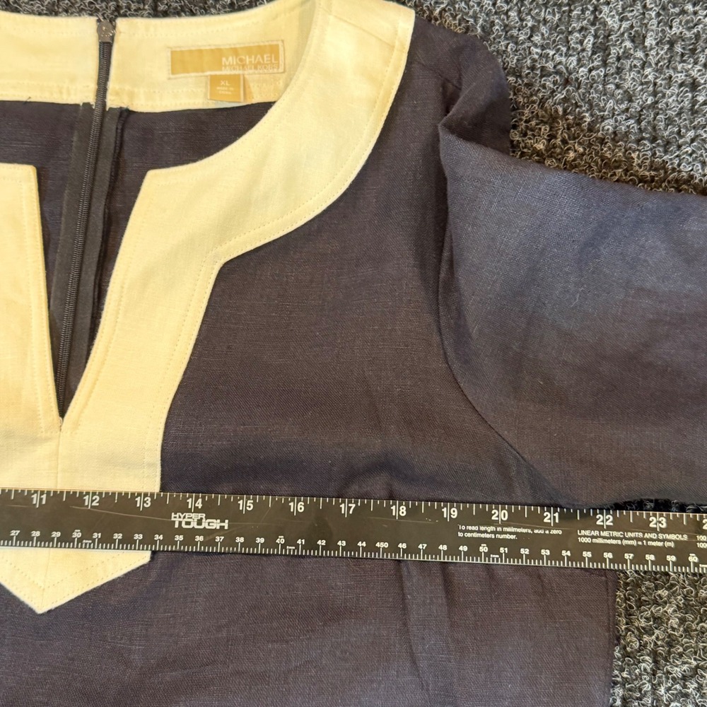 Michael Michael Kors Linen Shift Dress Navy Blue Cream Trim XL 100% Linen Lined - Picture 5 of 7